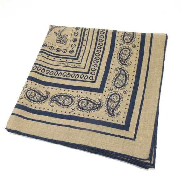 HERMES Carre Geant/Carres 140 - Beige Navy Cashmere Silk Scarf - Picture 1 of 6